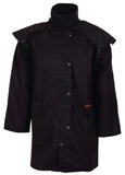 Outback oilskin short coat in dark brown with cape shoulders, storm collar, and press-stud front | Clarke McKenzie Saddlery