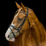 Platinum Flat Padded Hanoverian Bridle in black with padded noseband on a chestnut horse | Clarke McKenzie Saddlery