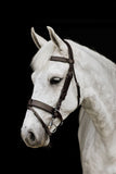 Platinum Wide Padded Hunt Bridle in brown with wide padded browband on a grey horse | Clarke McKenzie Saddlery